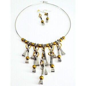 Brutalist Bib Color Silver Drop Fringe Copper Beads & Rings Necklace & Earrings